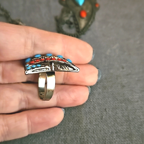 Southwest native style ring & necklace red & turquoise - Picture 6 of 9